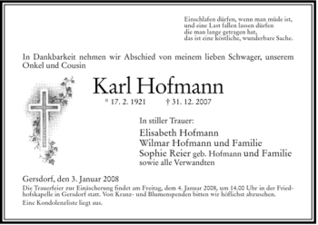 Traueranzeige von Karl Hofmann von HERSFELDER ZEITUNG