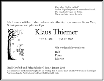 Traueranzeige von Klaus Thiemer von HERSFELDER ZEITUNG