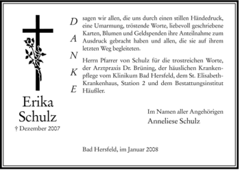 Traueranzeige von Erika Schulz von HERSFELDER ZEITUNG