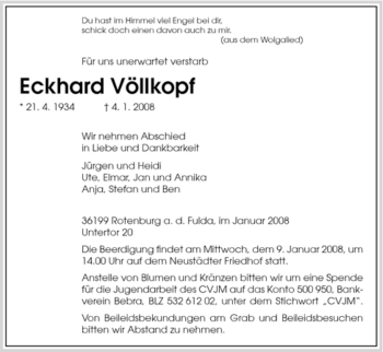 Traueranzeige von Eckhard Völlkopf von HERSFELDER ZEITUNG