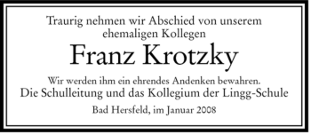 Traueranzeige von Franz Krotzky von HERSFELDER ZEITUNG