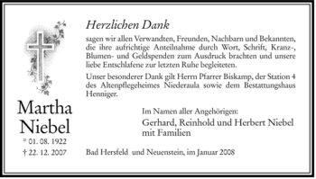 Traueranzeige von Martha Niebel von HERSFELDER ZEITUNG