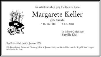 Traueranzeige von Margarete Keller von HERSFELDER ZEITUNG