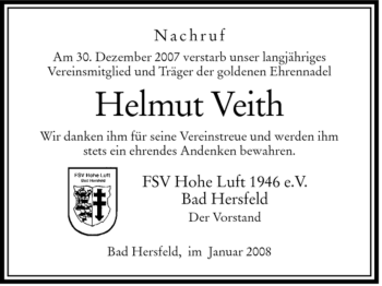 Traueranzeige von Helmut Veith von HERSFELDER ZEITUNG