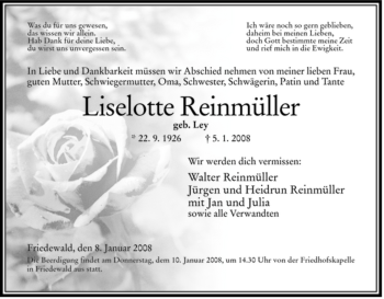 Traueranzeige von Liselotte Reinmüller von HERSFELDER ZEITUNG