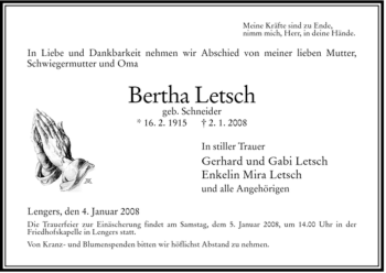 Traueranzeige von Bertha Letsch von HERSFELDER ZEITUNG