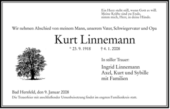 Traueranzeige von Kurt Linnemann von HERSFELDER ZEITUNG