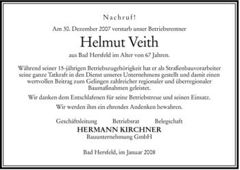 Traueranzeige von Helmut Veith von HERSFELDER ZEITUNG