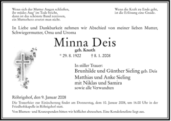 Traueranzeige von Minna Deis von HERSFELDER ZEITUNG