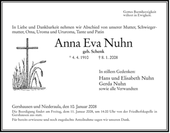 Traueranzeige von Anna Eva Nuhn von HERSFELDER ZEITUNG