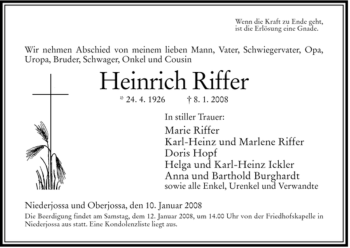 Traueranzeige von Heinrich Riffer von HERSFELDER ZEITUNG