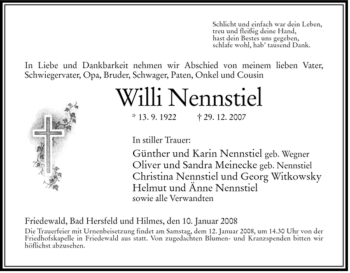 Traueranzeige von Willi Nennstiel von HERSFELDER ZEITUNG