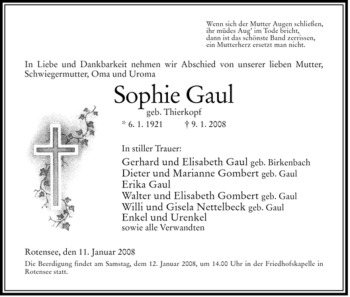 Traueranzeige von Sophie Gaul von HERSFELDER ZEITUNG