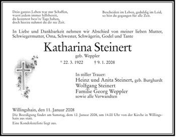 Traueranzeige von Katharina Steinert von HERSFELDER ZEITUNG