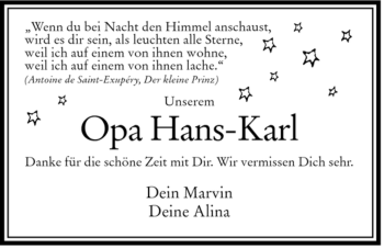 Traueranzeige von Hans-Karl Hugo von HERSFELDER ZEITUNG