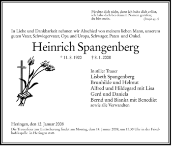 Traueranzeige von Heinrich Spangenberg von HERSFELDER ZEITUNG