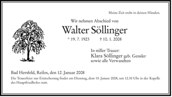 Traueranzeige von Walter Söllinger von HERSFELDER ZEITUNG