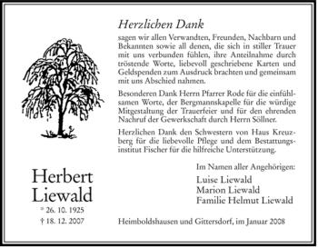 Traueranzeige von Herbert Liewald von HERSFELDER ZEITUNG