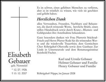 Traueranzeige von Elisabeth Gebauer von HERSFELDER ZEITUNG