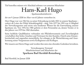 Traueranzeige von Hans-Karl Hugo von HERSFELDER ZEITUNG