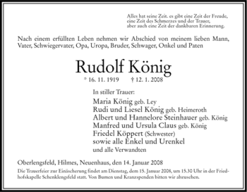 Traueranzeige von Rudolf König von HERSFELDER ZEITUNG