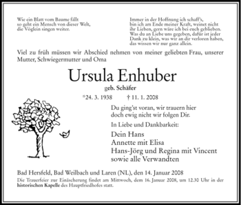 Traueranzeige von Ursula Enhuber von HERSFELDER ZEITUNG