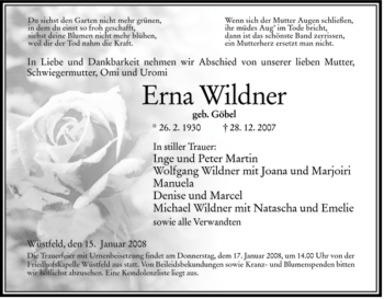 Traueranzeige von Erna Wildner von HERSFELDER ZEITUNG