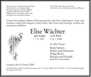 Traueranzeige von Elise Wächter von HERSFELDER ZEITUNG