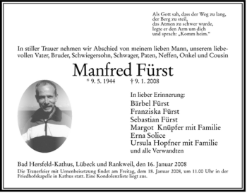 Traueranzeige von Manfred Fürst von HERSFELDER ZEITUNG