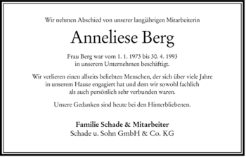 Traueranzeige von Anneliese Berg von HERSFELDER ZEITUNG