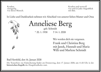 Traueranzeige von Anneliese Berg von HERSFELDER ZEITUNG