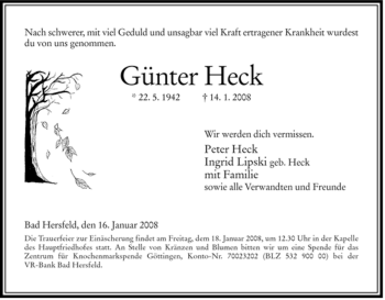 Traueranzeige von Günter Heck von HERSFELDER ZEITUNG