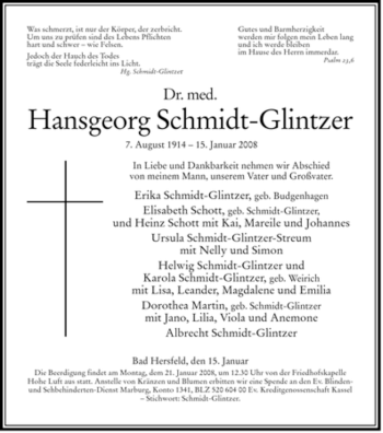 Traueranzeige von Hansgeorg Schmidt-Glintzer von HERSFELDER ZEITUNG