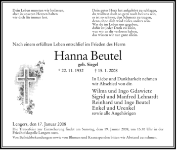 Traueranzeige von Hanna Beutel von HERSFELDER ZEITUNG