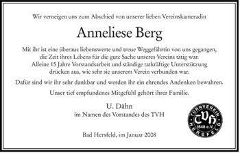 Traueranzeige von Anneliese Berg von HERSFELDER ZEITUNG