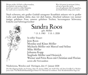 Traueranzeige von Sandra Roos von HERSFELDER ZEITUNG