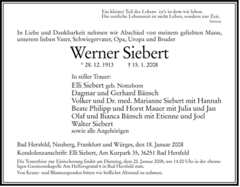 Traueranzeige von Werner Siebert von HERSFELDER ZEITUNG