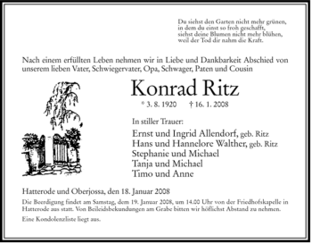 Traueranzeige von Konrad Ritz von HERSFELDER ZEITUNG