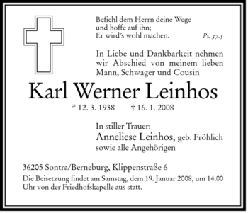 Traueranzeige von Karl Werner Leinhos von HERSFELDER ZEITUNG