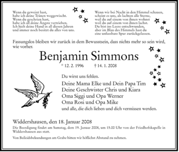 Traueranzeige von Benjamin Simmons von HERSFELDER ZEITUNG
