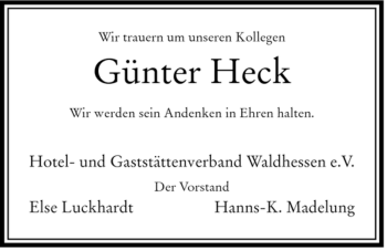 Traueranzeige von Günter Heck von HERSFELDER ZEITUNG