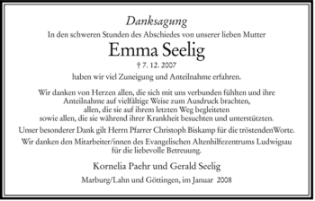 Traueranzeige von Emma Seelig von HERSFELDER ZEITUNG