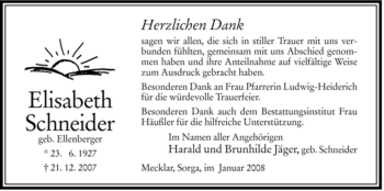 Traueranzeige von Elisabeth Schneider von HERSFELDER ZEITUNG