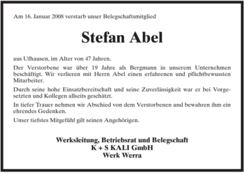 Traueranzeige von Stefan Abel von HERSFELDER ZEITUNG