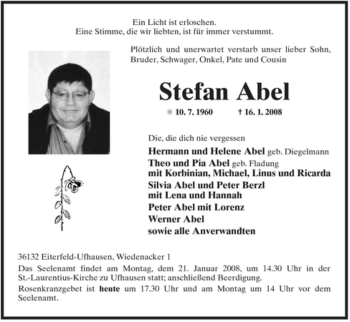 Traueranzeige von Stefan Abel von HERSFELDER ZEITUNG