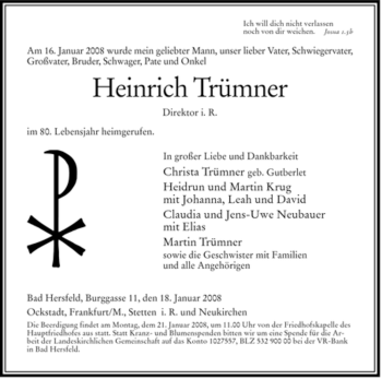 Traueranzeige von Heinrich Trümner von HERSFELDER ZEITUNG