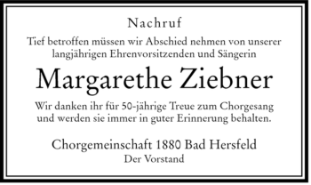 Traueranzeige von Margarete Ziebner von HERSFELDER ZEITUNG