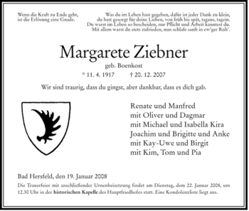 Traueranzeige von Margarete Ziebner von HERSFELDER ZEITUNG