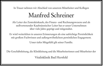 Traueranzeige von Manfred Schreiner von HERSFELDER ZEITUNG