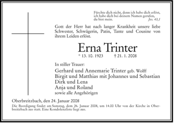 Traueranzeige von Erna Trinter von HERSFELDER ZEITUNG